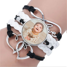 Load image into Gallery viewer, Black and White Leather Photo Love Heart Bracelet - Personalised Picture Bracelet