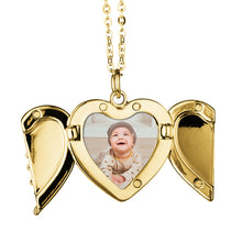Load image into Gallery viewer, Gold Angel Wings Heart Necklace On White Background
