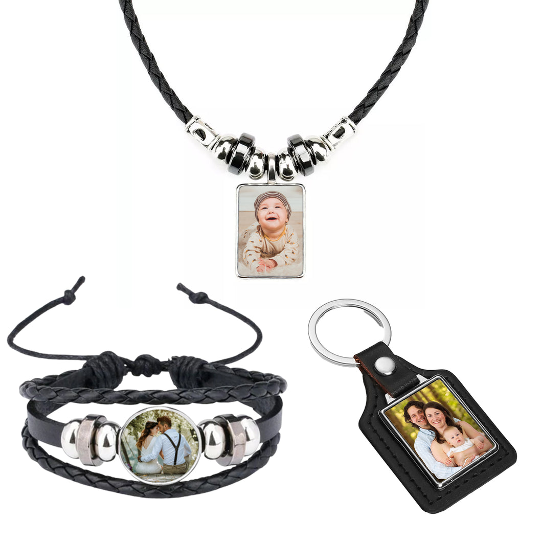 BUNDLE Photo Pendant Leather Necklace, Bracelet and Keyring - Upload Your Picture