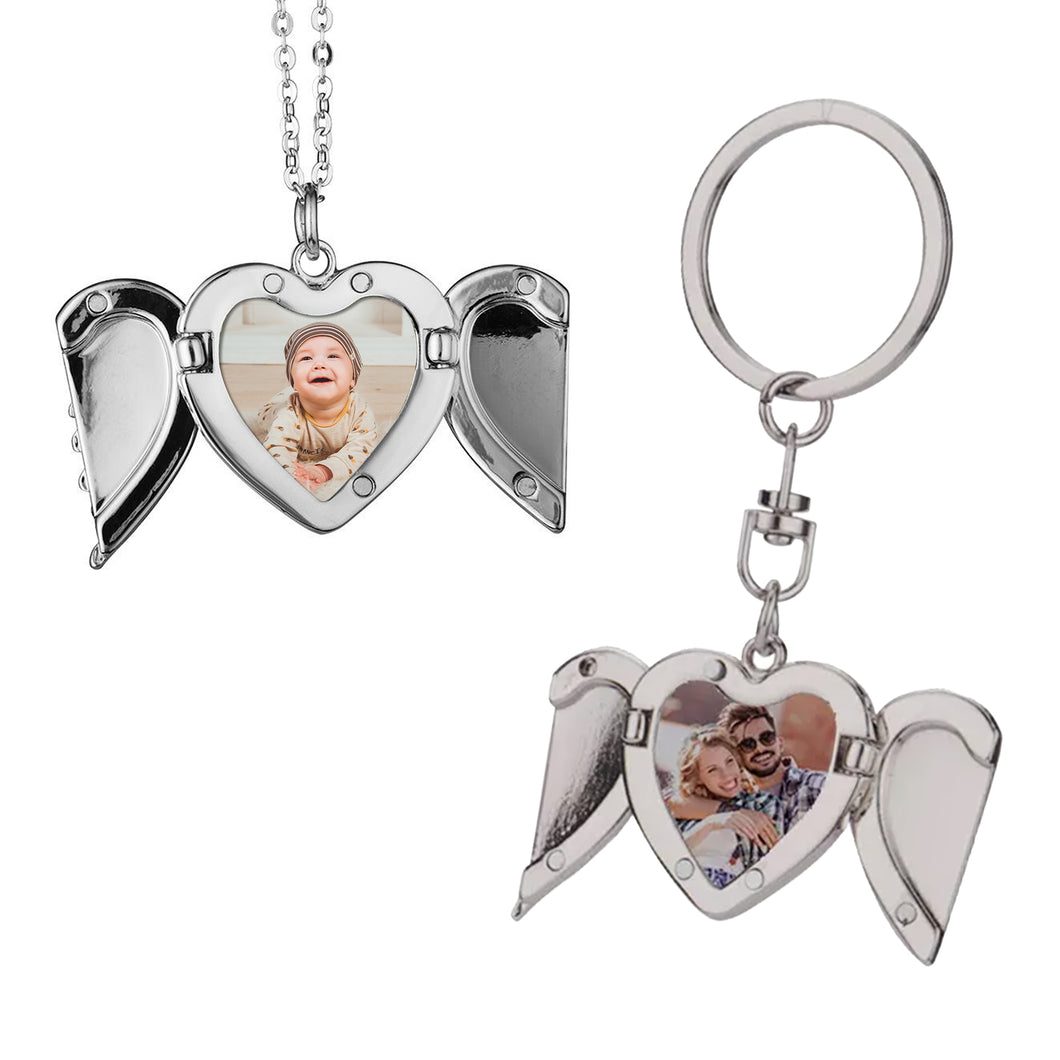 BUNDLE Photo Locket Necklace and Keyring - 'Angel Wings' Heart Photo Necklace and Keyring - Upload Your Picture
