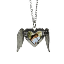 Load image into Gallery viewer, Angel Wings Photo Necklace With Sparkles Open Doors On White Background
