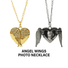 Load image into Gallery viewer, Angel Wings Photo Necklace With Sparkles Gold And Silver On White Background
