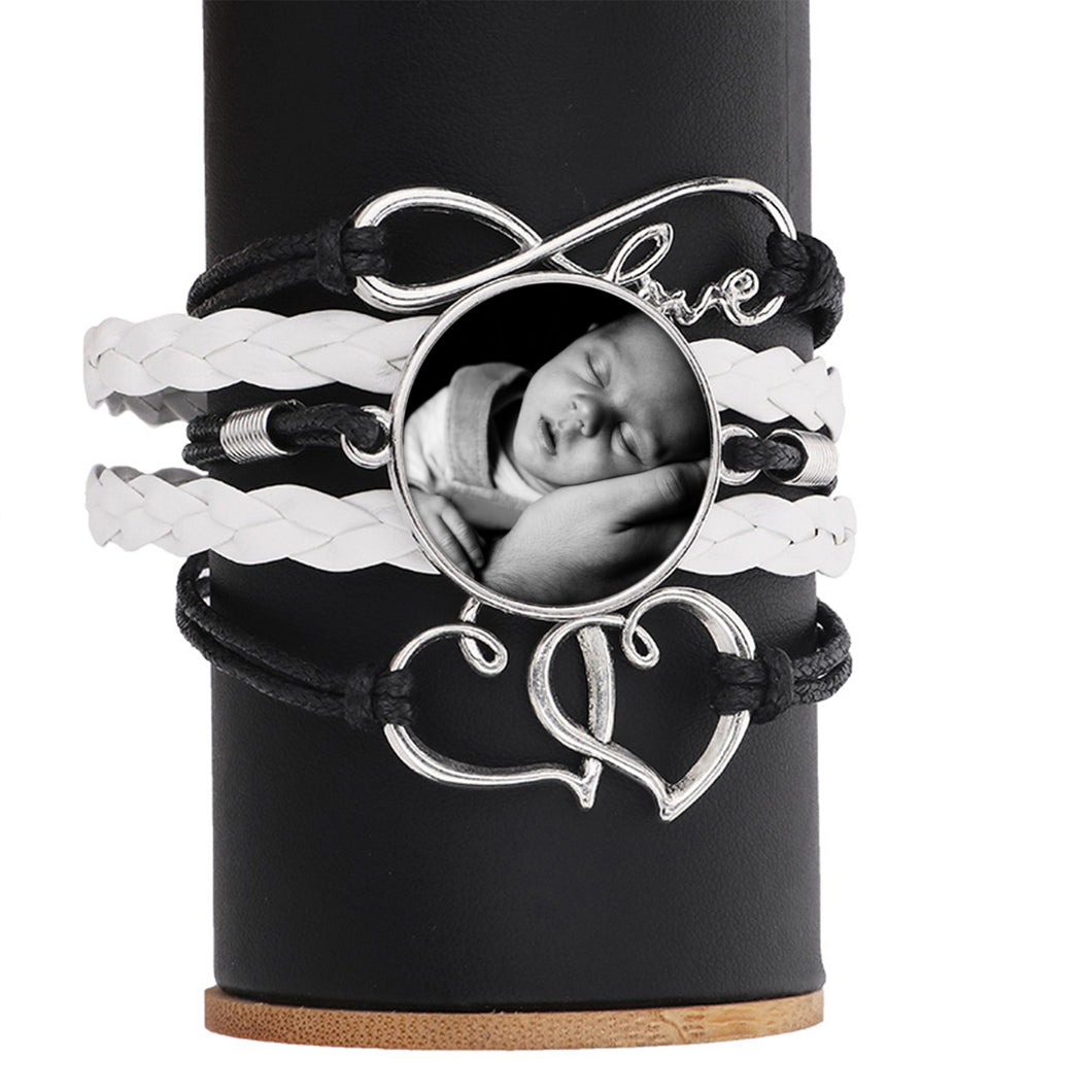 Black and White Leather Photo Love Heart Bracelet - Personalised Picture Bracelet