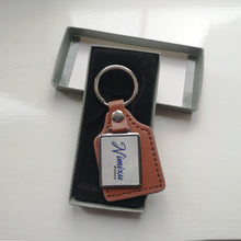 Load image into Gallery viewer, Branded Leather &amp; Metal Keyrings - Brown Hinged Rectangle

