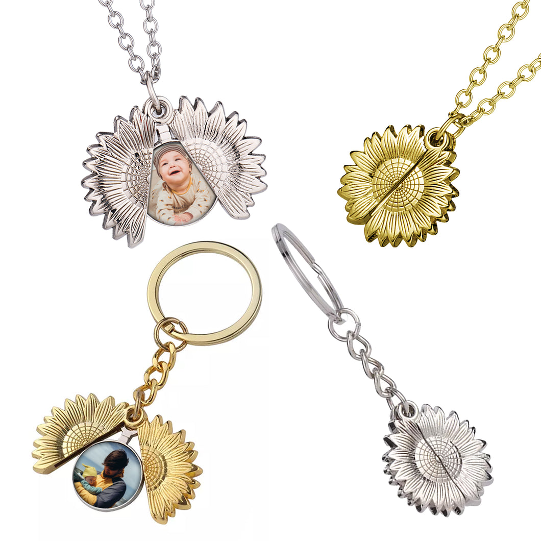 BUNDLE Photo Locket Necklace and Keyring - Sunflower Photo Necklace and Keyring - Silver or Gold - Upload Your Picture